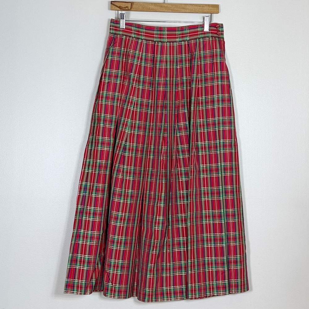 Charter Club Womens Pleated Maxi Skirt 8 Red Metallic Vtg Christmas Tartan Plaid